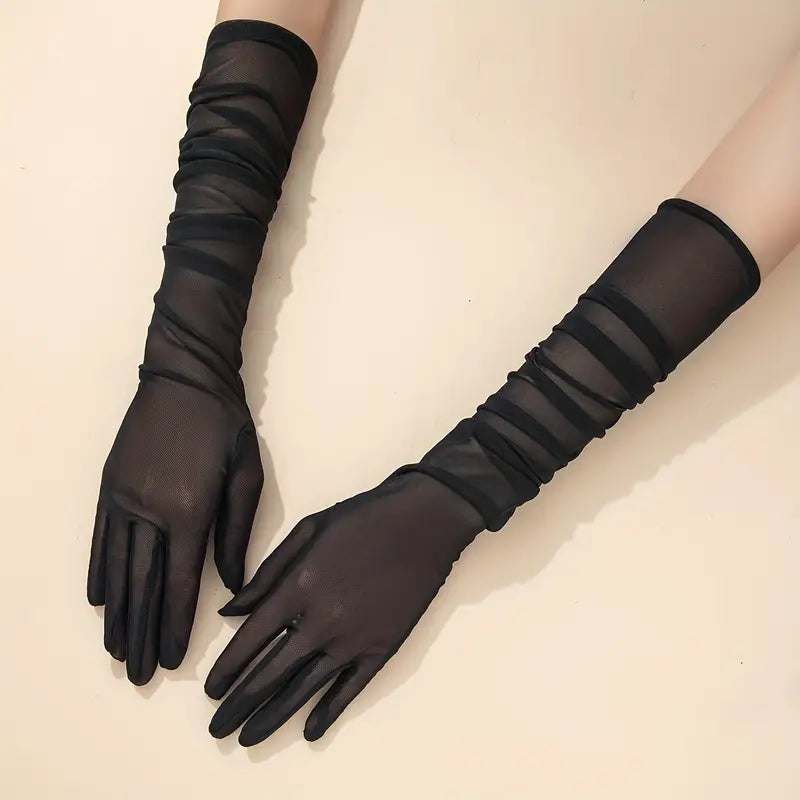 1 Pair of Chic Mesh Breathable Long Gloves- black