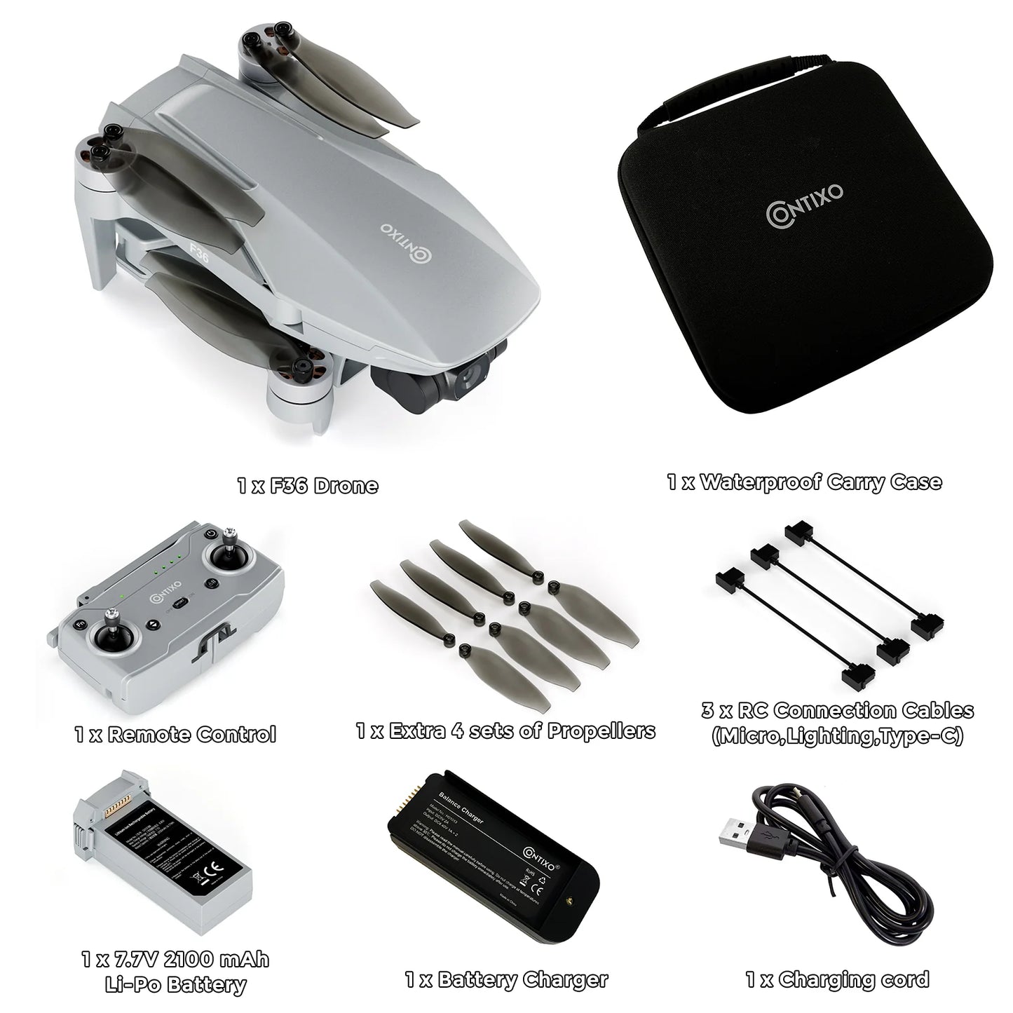 Contixo F36 Silver Horizon Remote Control FPV Foldable Drone with 4K HD Camera, 64GB MicroSD Card, & Carrying Case