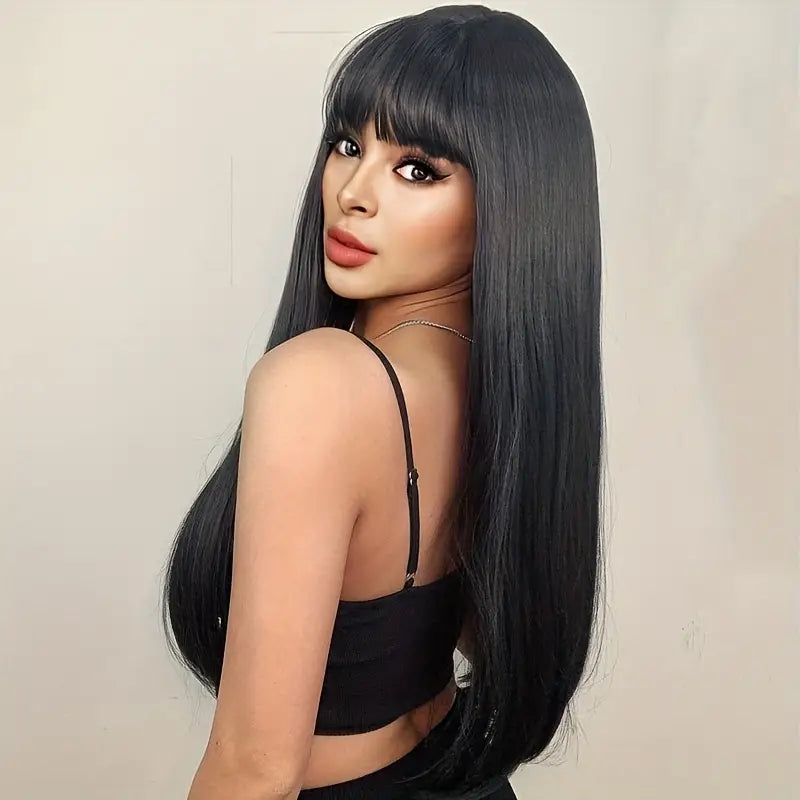 Vibrant Long Curly Synthetic Black Wig with Bangs - Perfect for Anime Cosplay & Halloween Parties